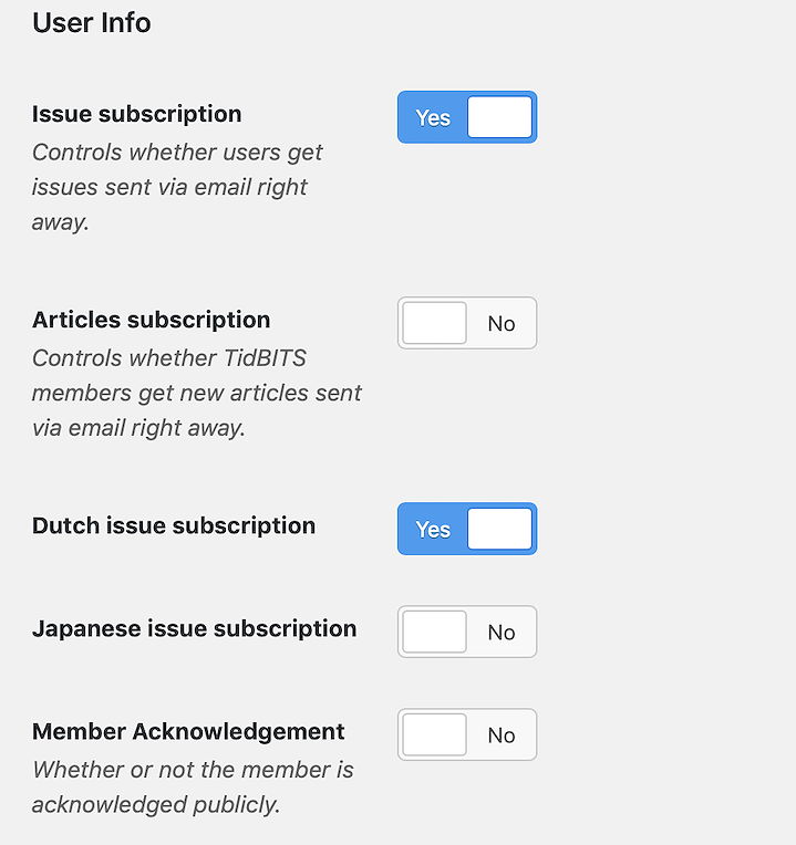 De drie wekelijkse abommenten van TidBITS: Engels, Nederlands en Japans
